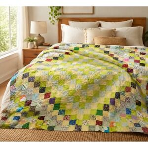Vintage Patchwork Quilt Cottagecore Full Topper Green Yellow